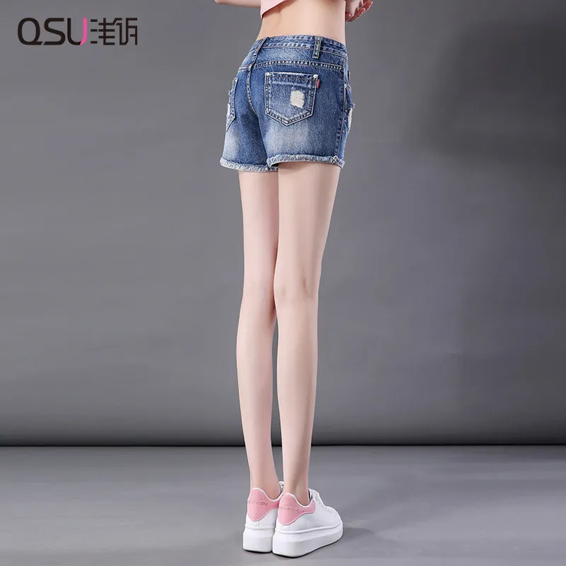  shorts woman,sanding edge,hole,metal bead,Chic Short pants,Casual Elastic,all-Match