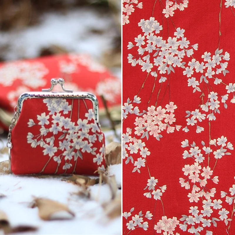 

50*140CM Red Black Japanese Style Cherry Tree Printed Cotton Patchwork Fabric DIY Sofa Pillow Tablecloth Handbag Fabric LSHB298