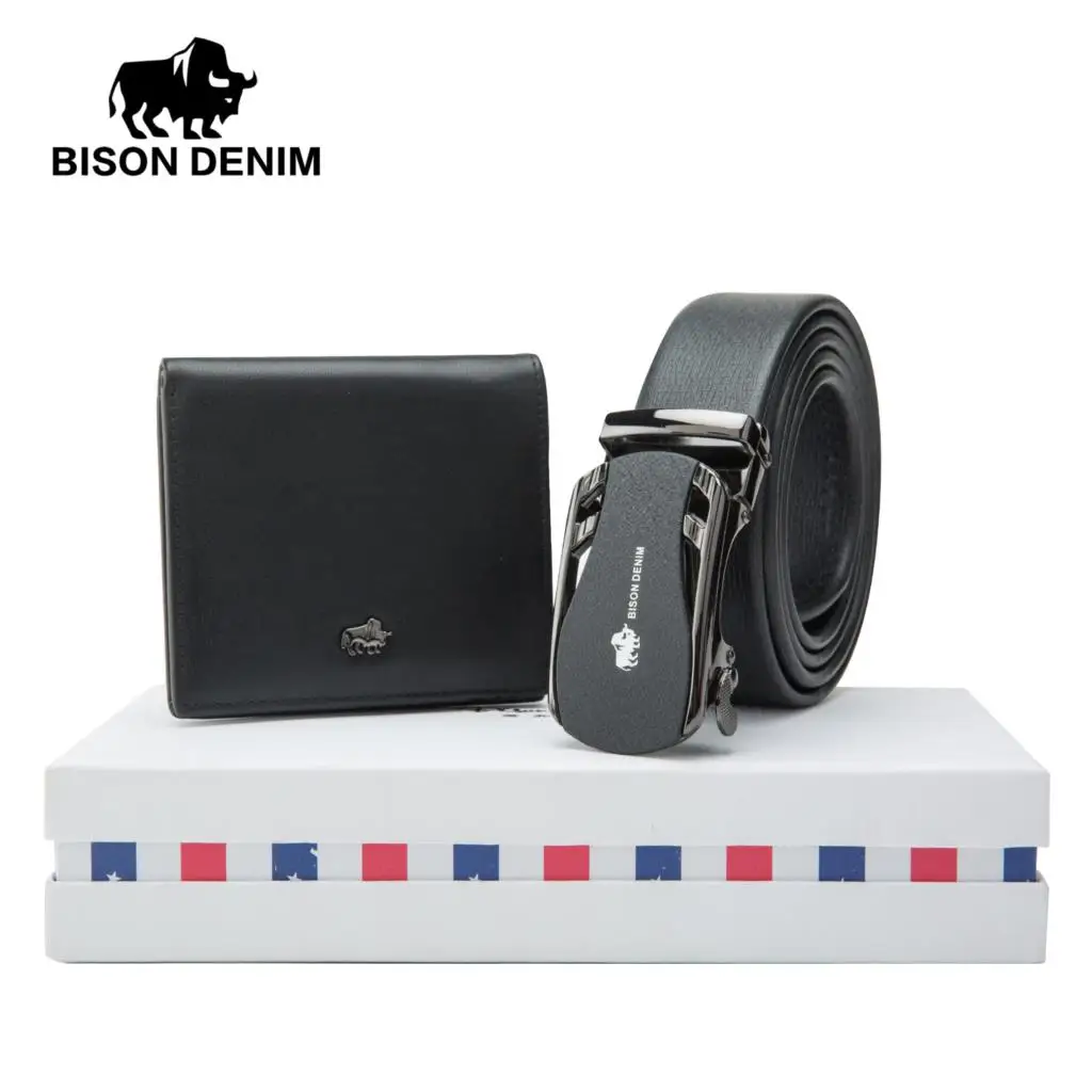 

BISON DENIM Men's Belt Gift Box With Wallet Genuine Leather Male Belts Strap Purse Set Gift For Friend Husband Father N71319