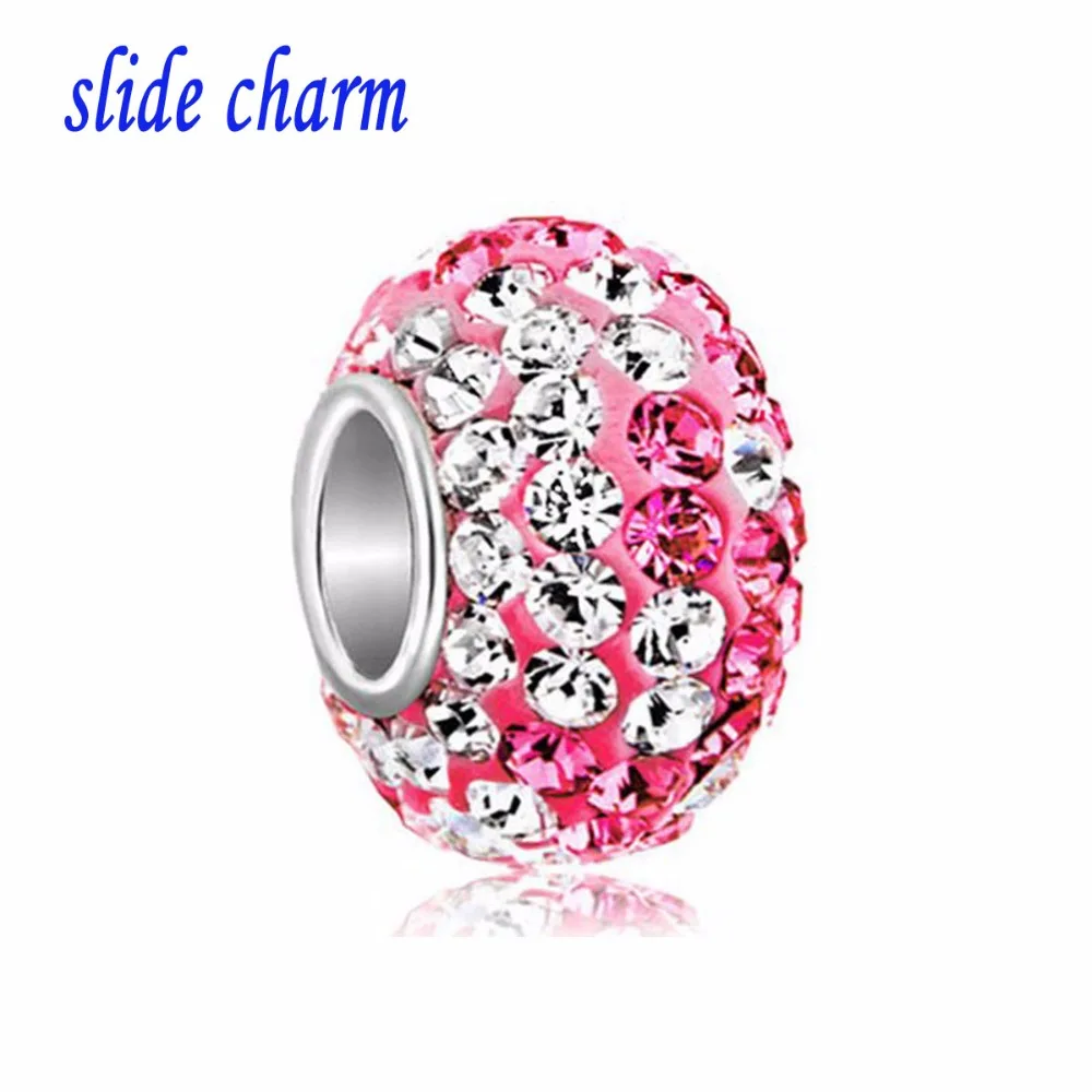 

slide charm Free shipping Valentine's Day pink clay amulet white and pink crystal beads fit Pandora charm bracelet