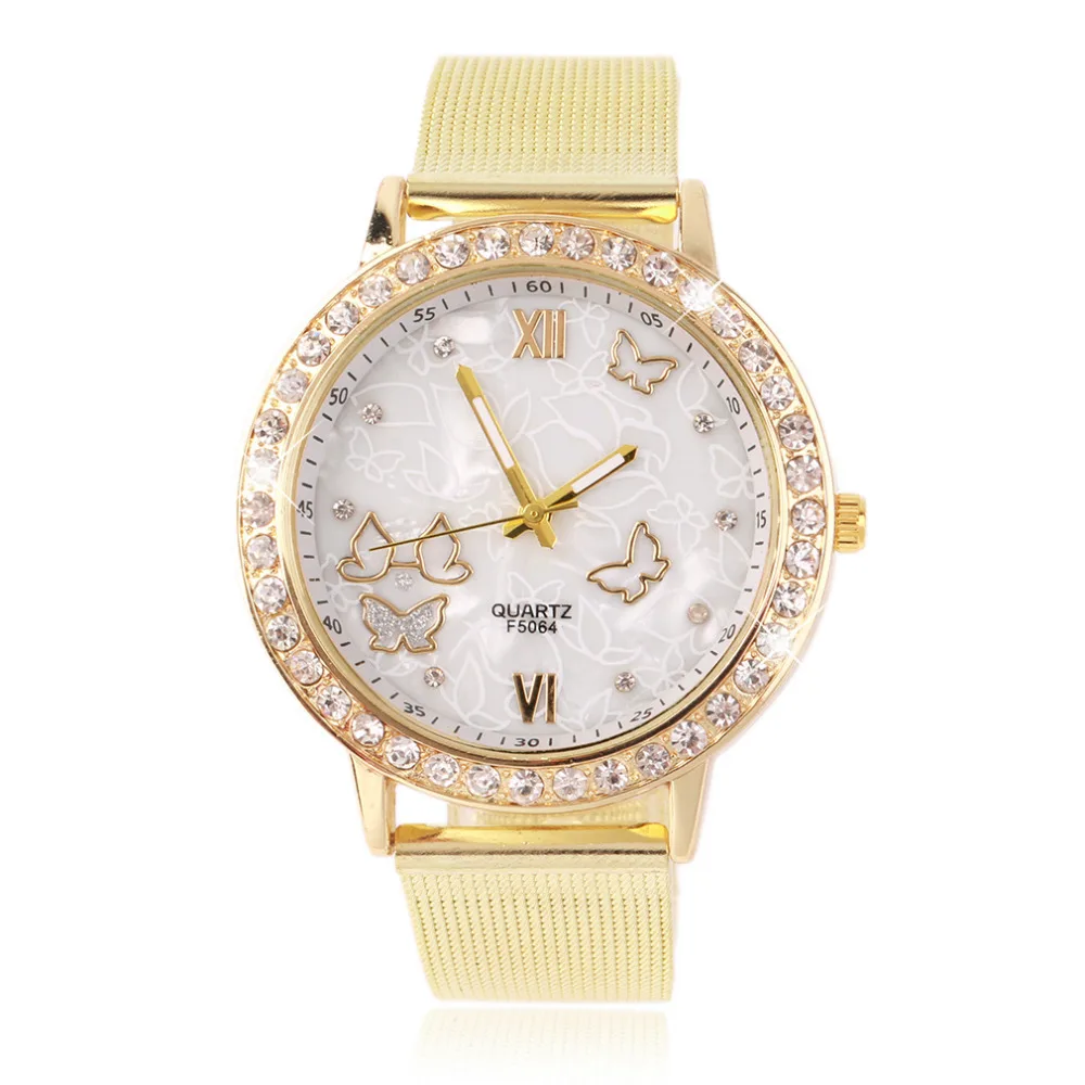 

Fashion Women Fashion Gold Crystal Butterfly Metal Mesh Band Quartz Analog Wrist Watch relogio feminino