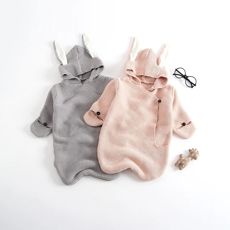 

Early autumn new ins explosion models cute rabbit ears three-dimensional sleeping bag knit baby hug