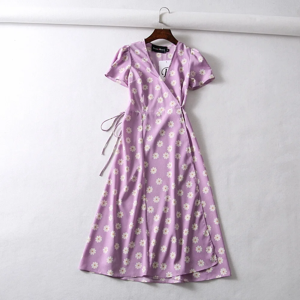 Summer flower dot print wrap dress women short sleeve chiffon beach dress korean fashion work vestidos v neck party midi dress 5 Summer flower dot print wrap dress women short sleeve chiffon beach dress korean fashion work vestidos v neck party midi dress 5