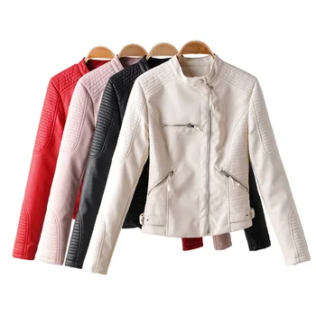 

New Women pu leather jacket fall 2019 vintage winter bright white biker jacket vintage faux leather zipper coat