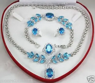 

Charming set! light blue crysta Silver chain Necklace Bracelet Earring Ring >^^>18K gold plated watch Quartz stone CZ crystal
