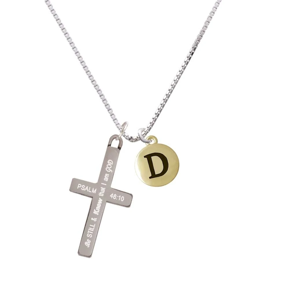 Capital Gold Tone Letter - D - Pebble Disc - - Be Still and Know - Cross Necklace
