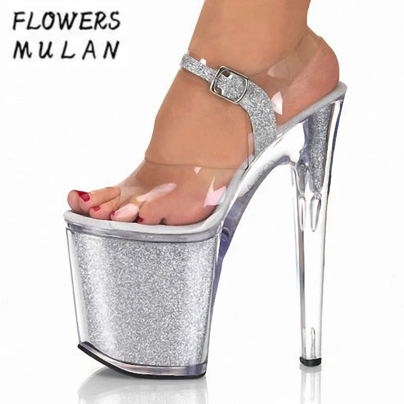 

20CM Super High Transparent PVC Upper Silver Crystal Heel Sandals Women Peep Toe Fashion Show Star Gladiators Plus Size 35-46