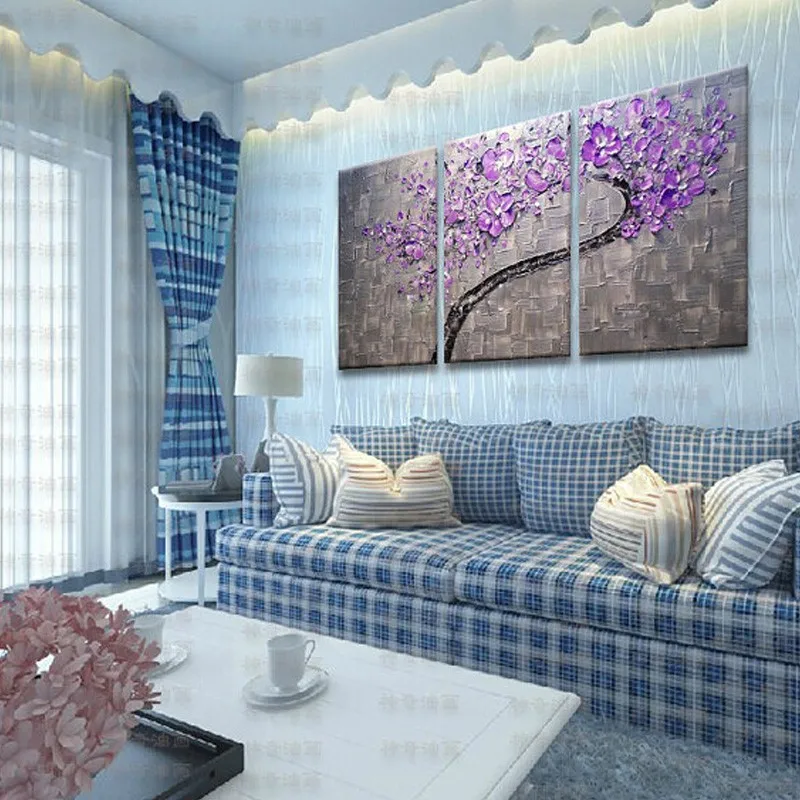 

3 Panels Large Oil Painting Artist Supply Hand Painted Purple Flower Tree Knife Painting Gift On Canvas living Room Home Decor