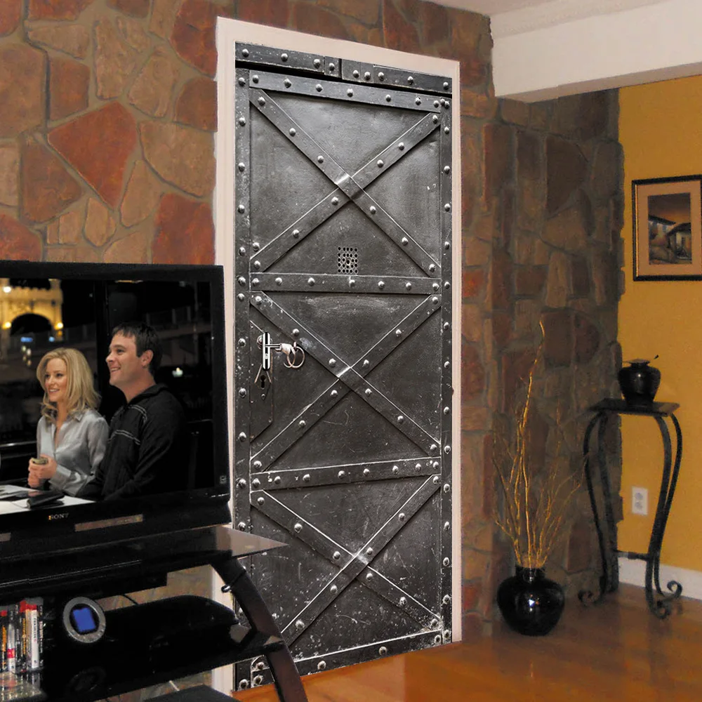 Ретро железная дверь Креативные 3D двери наклейки самоклеющиеся ПВХ Реноватор наклейка для дерева стальная дверь водонепроницаемый двери спальни фрески