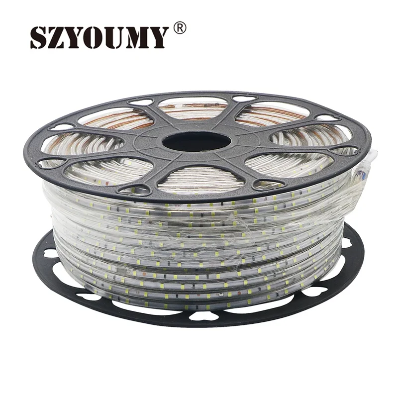 cheap SZYOUMY 100m Roll SMD 2835 Led Strip Light 220V 60leds m Tiras Flexible Tape Lighting Waterproof Pure White Warm White Brighter