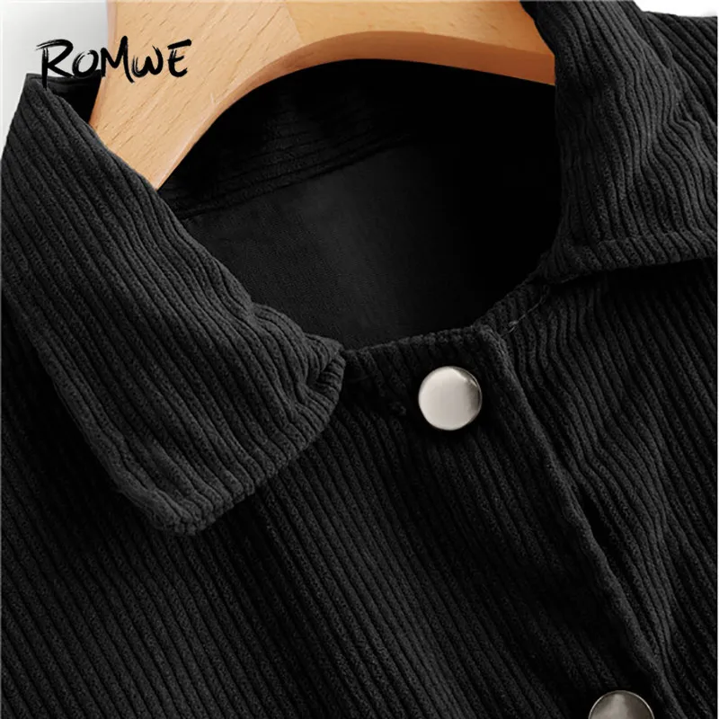 ROMWE/черная однобортная Вельветовая Женская куртка с двойным карманом, повседневная куртка с отложным воротником и длинным рукавом, весенне-осенняя куртка, пальто