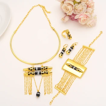 

Unique Neck chain a row Pendants Earrings Ring Bangle Wide Sets 9 k Fine Gold GF Eretrian African jewelry set Full