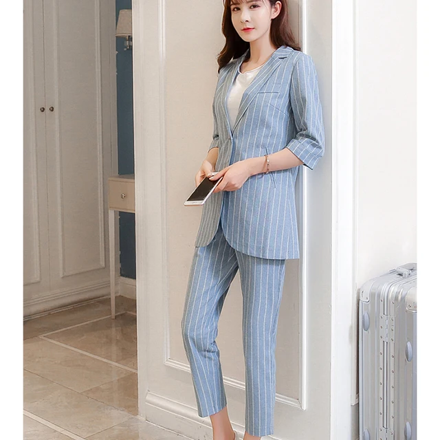 RUGOD 2018 Elegant Blue Striped Blazer Jacket & Pants Suit For Women 2 Two Pieces Set Slim Office Lady Suits Business Suits
