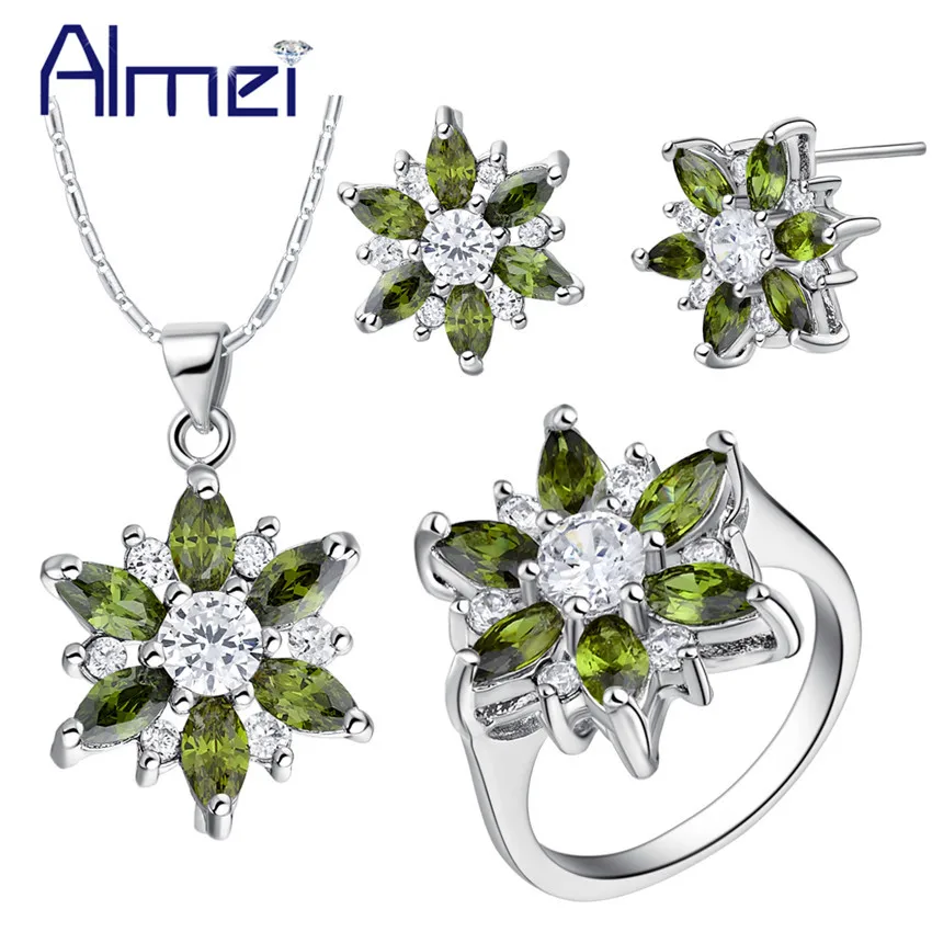

Almei Rhinestone Wedding Jewelry Sets Women Bridal Jewellery Silver Color Crystal Earring Necklace Pendant Ring Party Set T508