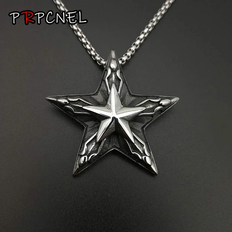 

silver color Punk Five Point Star Moon Pentagram Charm Stainless steel Pendant Circle Men's Gents Dress Chain Necklace Jewelry