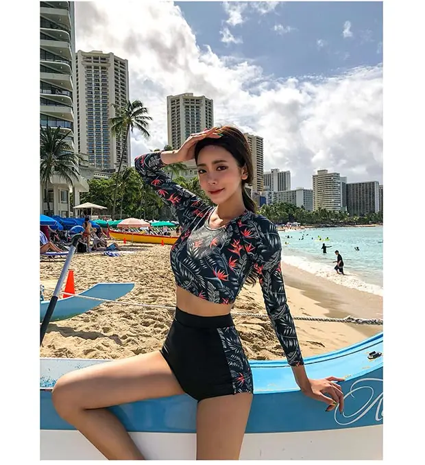 Two Piece Bikini Set Korean Style Women Sexy Lovely Swimwear Tankini Set Long Sleeve Bathing Suits Beach Wear Rashguard