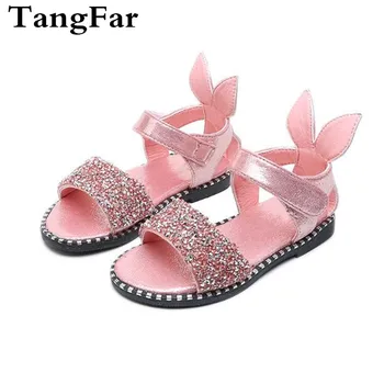 

Girls Sandals Summer Kids Shoes Rabbit Diamond Black Leather Children Sandal Cute Pink Princess Toddler Baby Shoe