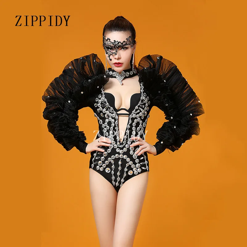 

Black Red White 3 Colors Stones Bodysuit Rhinestones Costume Crystals Shrugged Leotard Female Singer Nightclub