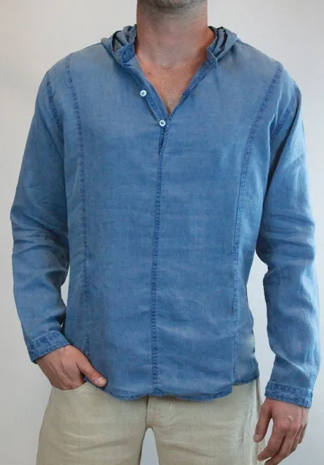 Новинка, мужские свободные льняные рубашки, мужские одноцветные рубашки большого размера из хлопка и льна с v-образным вырезом, мужские повседневные рубашки с капюшоном, белая льняная рубашка M-3XL - Цвет: Синий