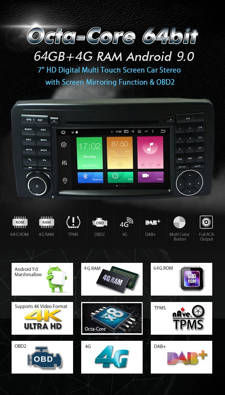 Clearance COIKA 7" Octa Core Android 9.0 Car Multimedia Player GPS For Mercedes-Benz W251 R280 R300 R320 R350 R500 WIFI BT 4G+64G RAM 2