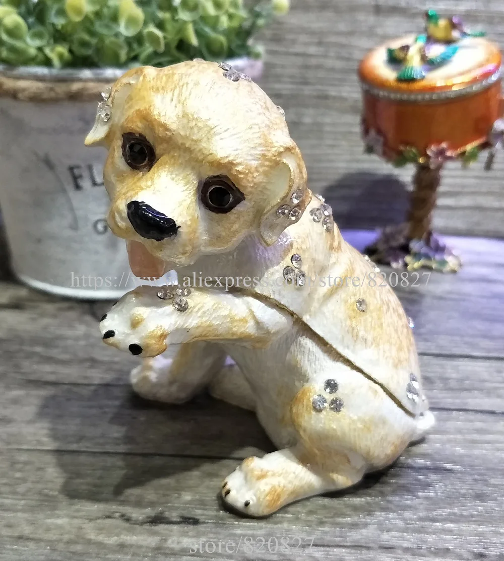 2018 Golden Dog TRINKET BOX Puppy Dog Figurine Rhinestone Enamel Dog Trinket Hinged Gift Jewelry Box Newest Dog Trinket