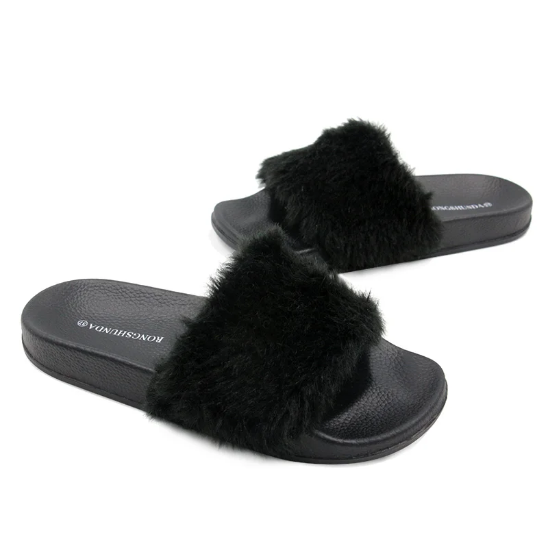 Hot Slippers Women Ladies shoes Slip On Slider Fluffy Faux Fur Flat Fashion Female Casual 