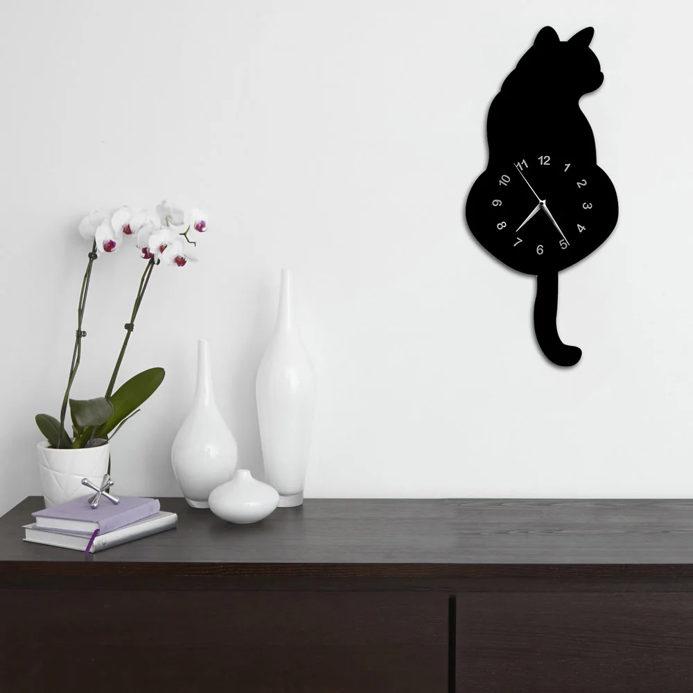 Японские очаровательные часы-маятник с черным котом забавный кот Fnny Кот качающийся хвост настенные часы комплект Декор для стен котенок подарок для влюбленных