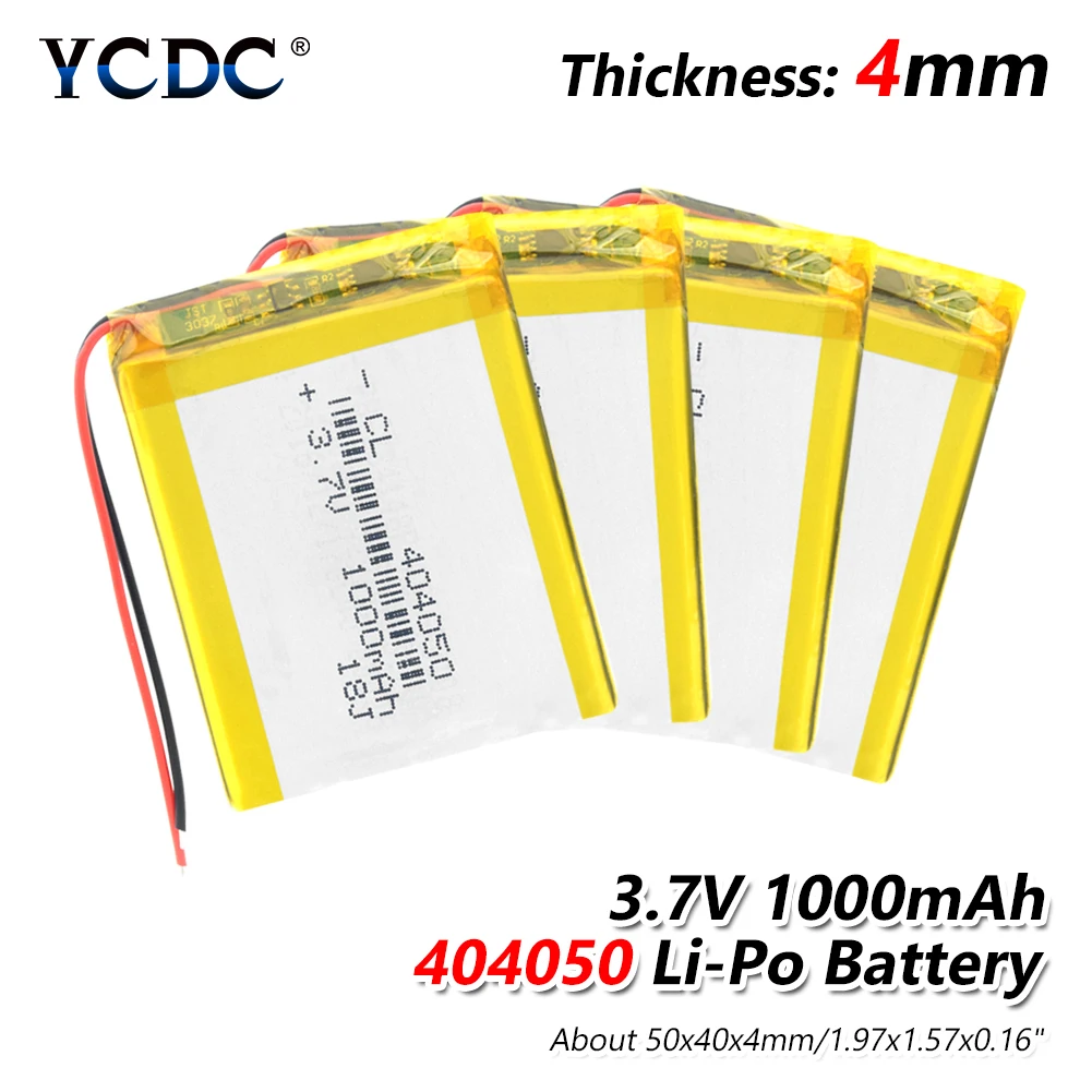 

1/2/4 Pieces 3.7V Volt 1000mAh 50x40x4mm Li-polymer Battery PCB Protected Rechargeable 404050 1000mAh Lithium Polymer Bateria