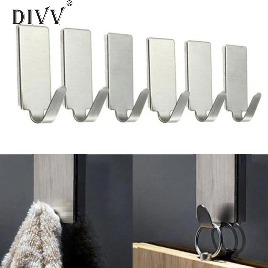 

6PCS Self Adhesive Hook Home Kitchen Wall Door Stainless Steel Holder Hook Hanger Levert Dropship feb22