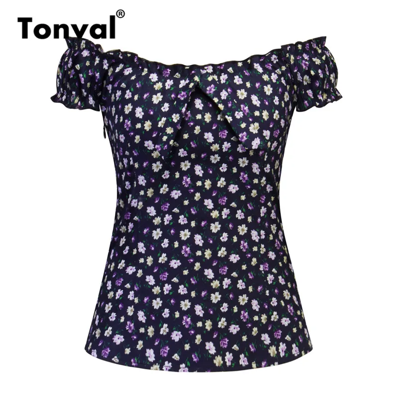

Tonval Floral Print Off Shoulder Ruffle Top Sexy Blouse Women Vintage Shirt Tops Short Sleeve Summer Blouses