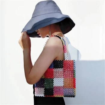 

Beading Women Shoulder Bag Colorful Plaid Pattern Clutch Bag Shining Crystal Hand-woven Tote Bag 2019 New Arrival