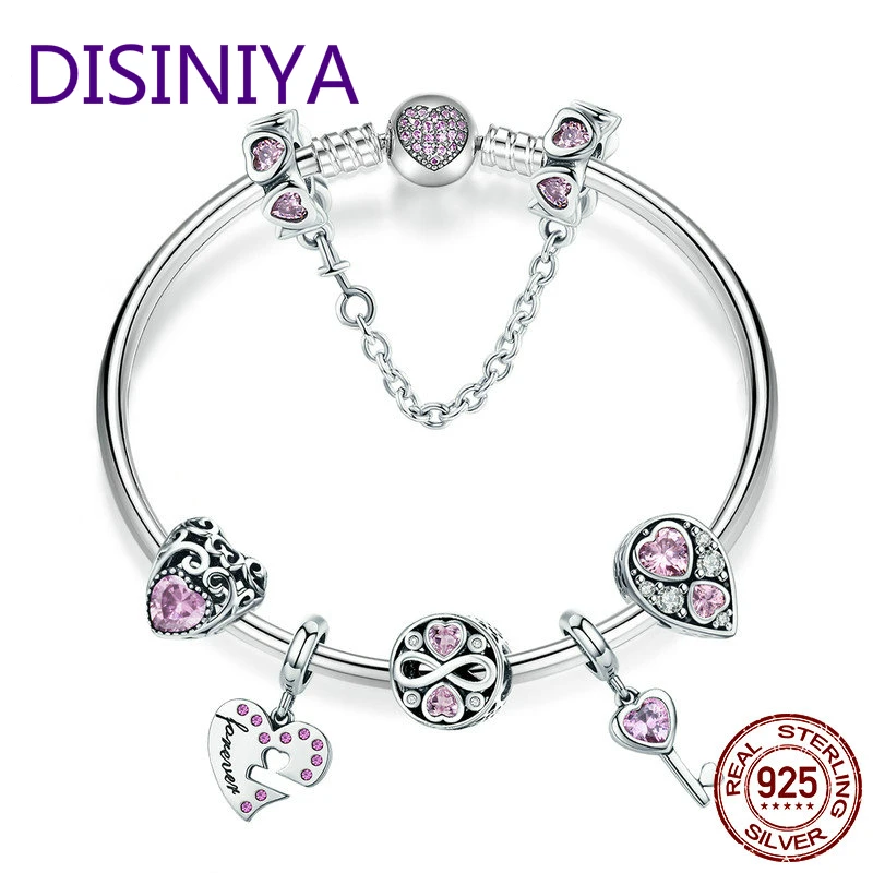 

DISINIYA 100% 925 Sterling Silver Romantic Love Pink CZ Infinity Girlfriend Bracelets & Bangles for Women Silver Jewelry SCB811
