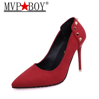 

MVP BOY Women Pumps High Heels Brand Designer Party Dress Shoes Slip-on Rivets Sexy Pointed Toe 2018 Women Stilettos