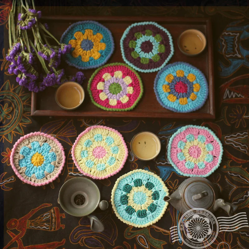 

1 set DIY Craft Multi colour Crochet woolen Beverage Coasters Drink Wine Glasses Beer Bottle Glass Cup Mat Hot DrinksTable Mat