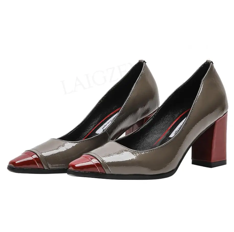 LAIGZEM/Уникальные женские туфли-лодочки; удобные туфли из натуральной кожи на блочном каблуке высокого качества; туфли-лодочки с острым носком в стиле пэчворк; большие и маленькие размеры - Цвет: LGZ453 Gray