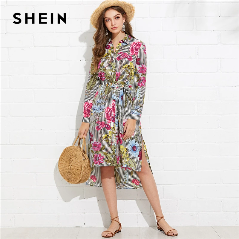 Buy SHEIN Slit Side Mixed Print Dip Hem Shirt Dress