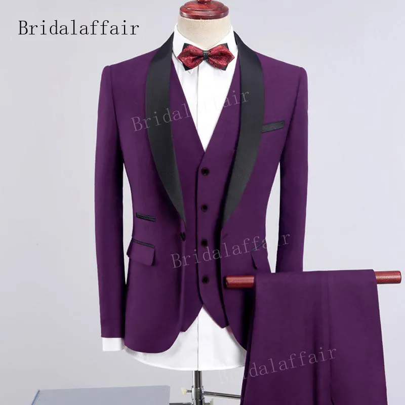 Bridalaffair темно-синий мужской смокинг Slim Fit мужской костюм набор 3 шт. мужские официальные костюмы жених свадебные костюмы набор(Блейзер+ брюки+ жилет - Цвет: Dark purple