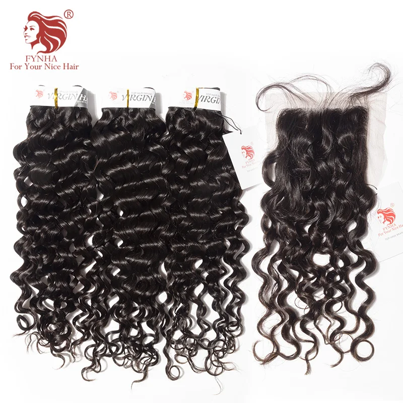 [FYNHA] Malaysian Virgin Hair Bouncy Curly Hair Weave 3 Bundles With Lace Closure Human Hair Extensions