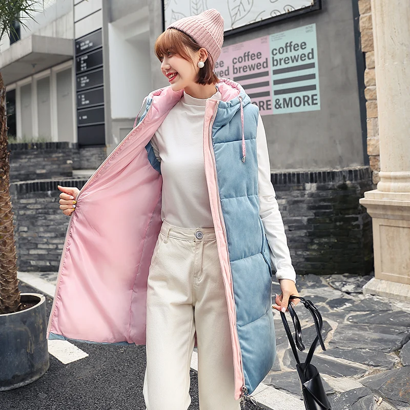 

Winter Vest Women 2020 Long Coat Slim Cotton Padded Vest Pink Big Pockets Sleevless Velvet Stand collar Jacket Female Waistcoats