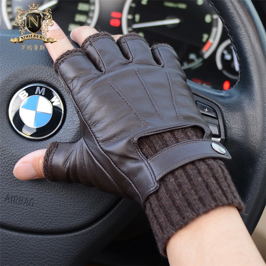 Fashion Men's Genuine Leather Gloves Driving 100% Sheepskin Half Fingerless  Gloves Fingerless Fitness Gloves Mittens Men Leather - AliExpress