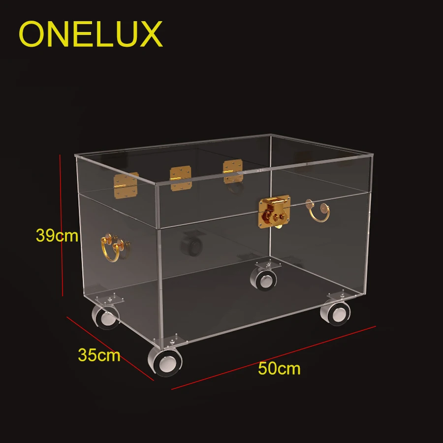 ONELUX Clear Acrylic Storage Chest ,Lucite Trunk Coffee Table On Wheels