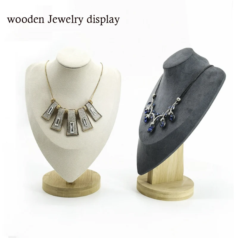 Show 3 Options Model Wooden Beige Suede Jewellery Display Necklaces Bust Pendants Stand Choker Holder Jewlery Rack