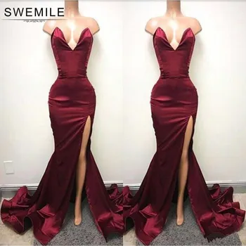 

SWEMILE Charming Burgundy Mermaid Long Evening Dress Sexy Backless High Split Evening Gowns Vestido de Festa