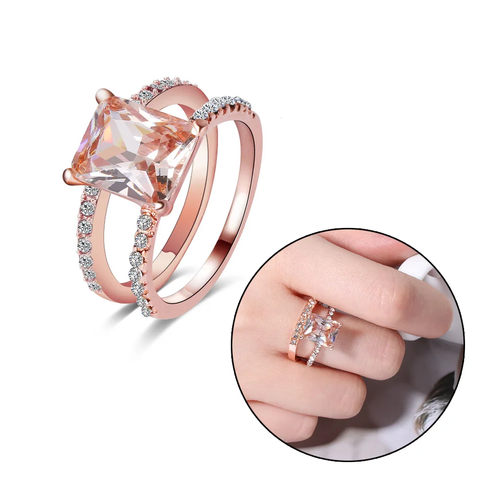 

1PC Rose Gold Color Rings Set Morganite Anniversary Proposal Gift Clear Jewelry Birthday Party Engagement Wedding Band Rings