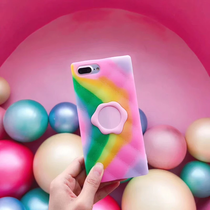 

Fashion Pink rainbow color Square Soft silicon cover case for iphone 6 6S S plus 7 7plus 8 8plus X 10 Checker stripe phone cases