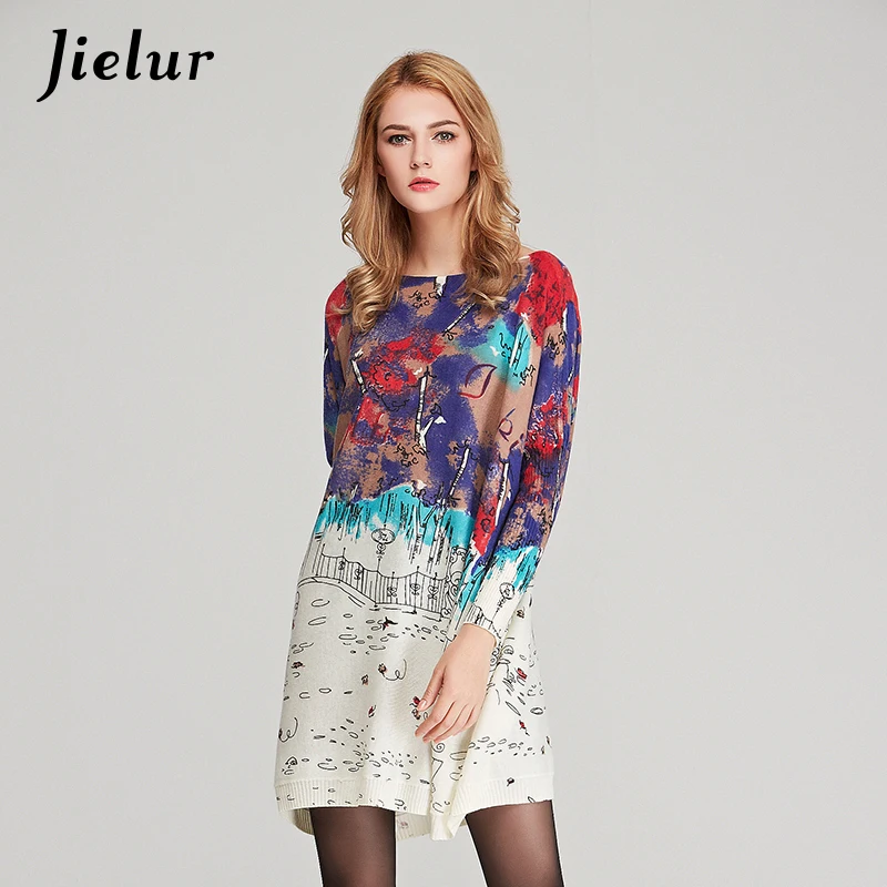 

Jielur Autumn New Fashion Hit Color Printed Large Size Sweater for Women Loose Knitted Sweaters Female Batwing Sleeve Pullovers