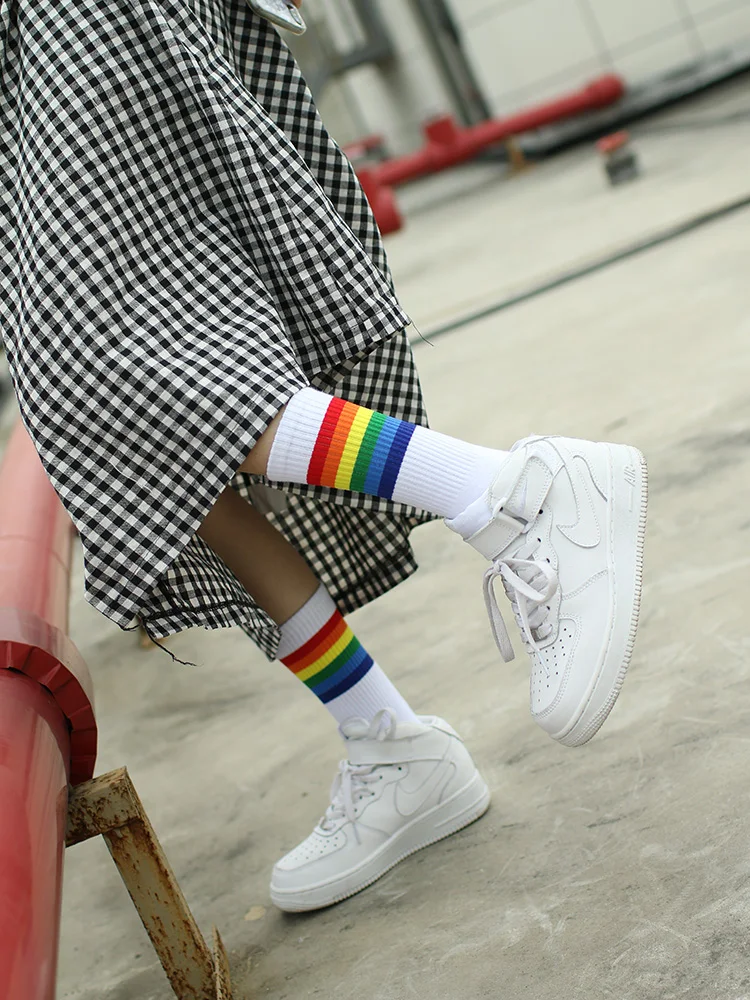 IMINCN/1 пара, дизайн, для молодых людей, хип-хоп, радуга, гей, ЛГБТ, хлопок, для танцев, уличная мода, для мальчиков, черные, белые носки
