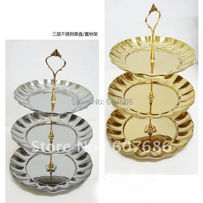 3 Piece Stainless Steel 3 Tier Pastry Stand Gold Silvery Cupcake Fruit