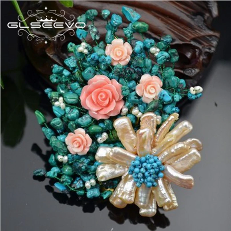 

XlentAg Natural Fresh Water Baroque Pearl Flower Brooch Pin Turquoise Brooches For Women Dual Use Designer Luxury Jewelry GO0240