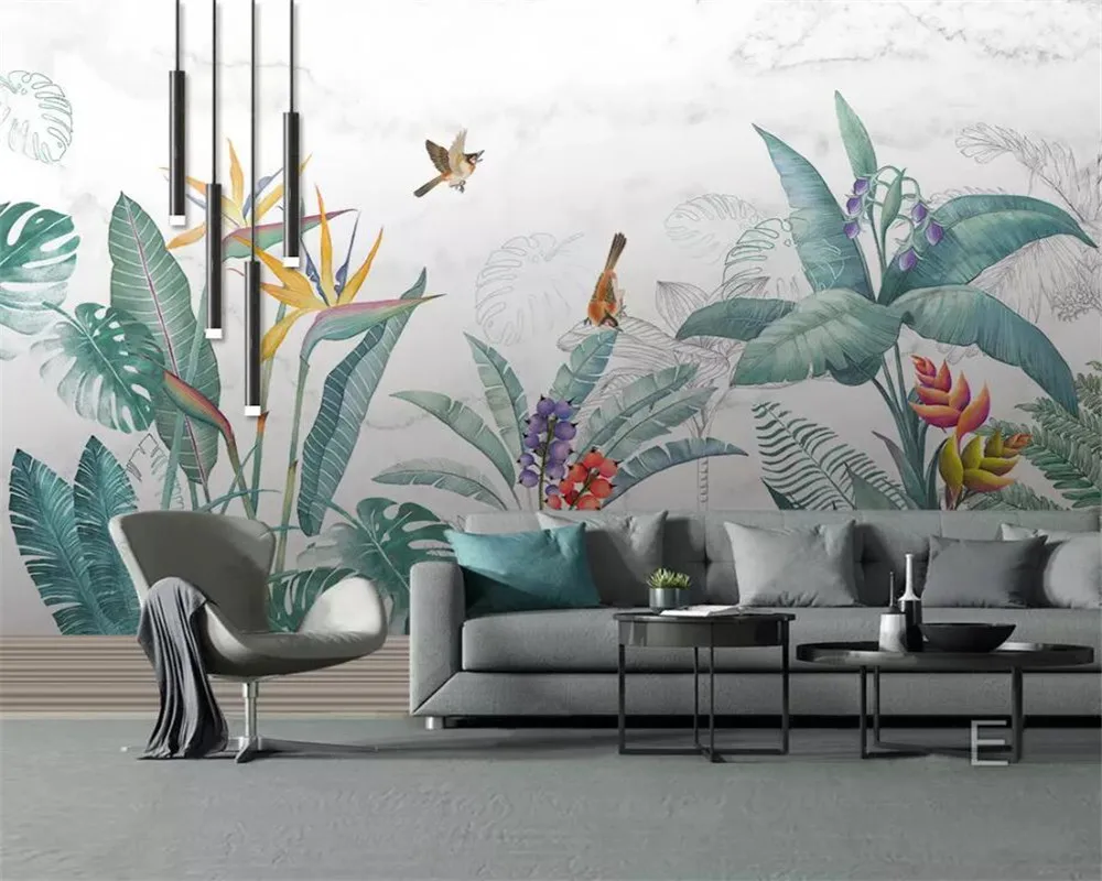 

beibehang Photo custom wallpaper mural Nordic hand-painted small fresh tropical plants flowers and birds background murals